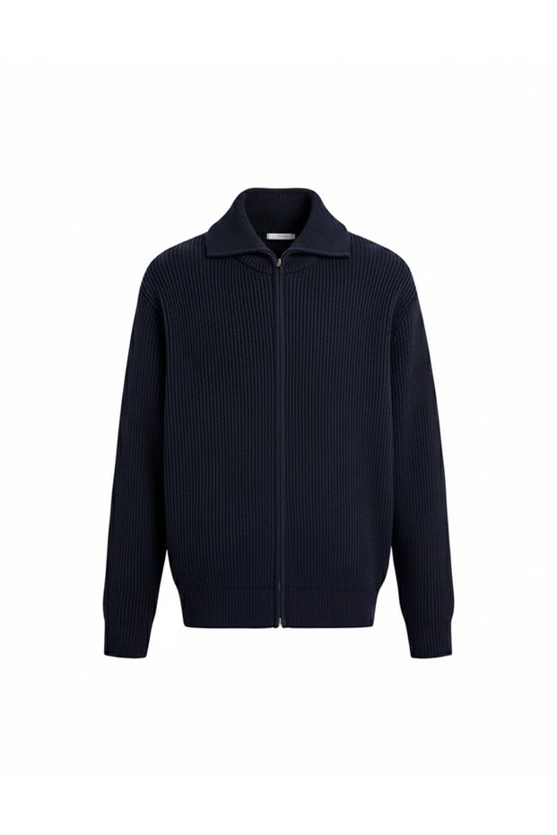 Men's Premium Zippered Reverse Knit Cardigan Navy Blue Eca091
