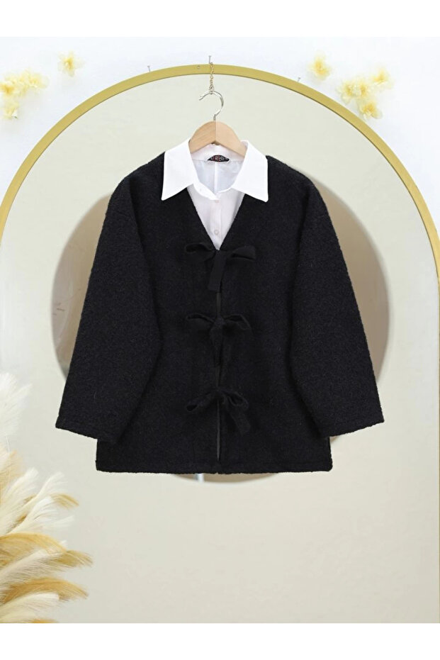 Önü Bağlamalı Kırçıllı Kaşe Ceket -Siyah - 1