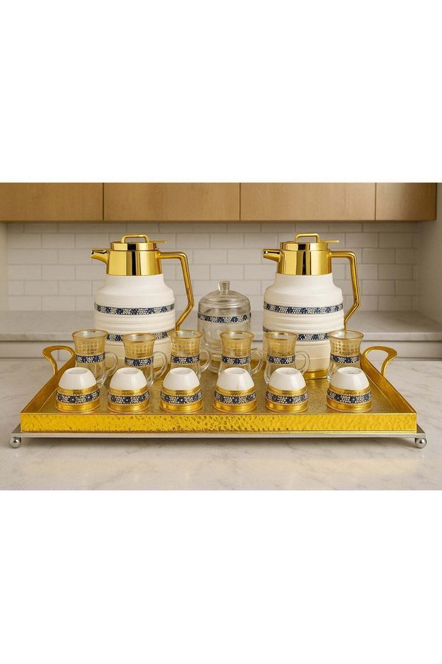 Damanhoor 22-Piece Arabic Tea & Coffee Set — Gold Thermos & Glass Cups with Tray (12-Hour Heat Ret
