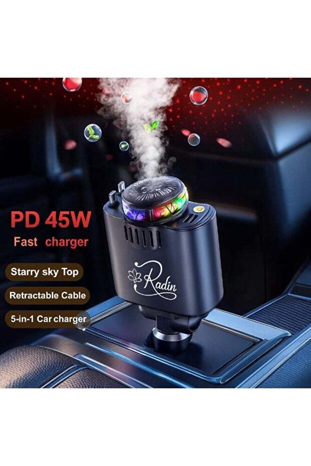 PD 45W 5-in-1 Retractable Car Charger with Starry Sky Light & Aroma Diffuser