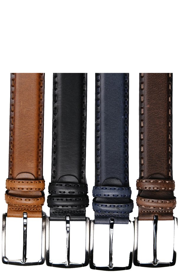 Genuine Leather 4 cm Special Saddler Stitched Men's Belt 4 Pieces - Brown, Black, Navy Blue, Tan