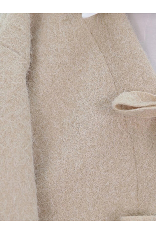 Önü Bağlamalı Kırçıllı Kaşe Ceket -Bej - 2