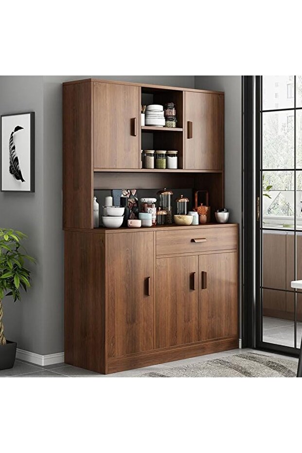 Modern Wooden Kitchen Cabinet with Doors | Multifunctional Walnut Storage Cupboard | Sideboard Buffet Cabinet 100x38x170cm