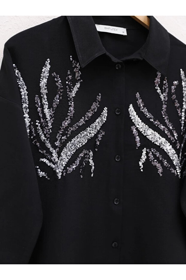 قميص طويل مزين بالترتر - أسود - 3