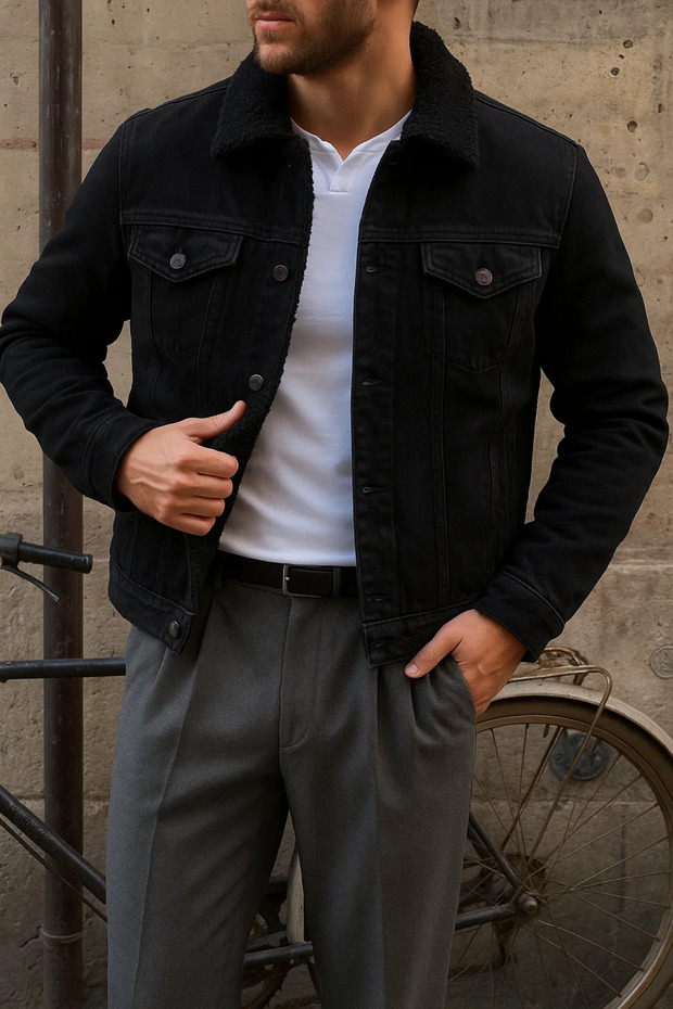 Men's Winter Trend Basic Black Fur Lined Plush Coat - 1