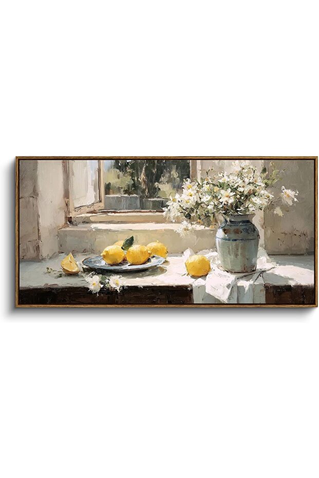 Lemons & Daisies Landscape Wall Art – Retro Kitchen Canvas (50x100 cm Framed)