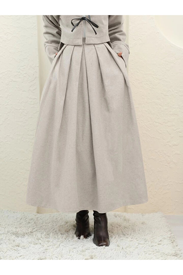 Pleated Zippered Skirt - Stone - 1