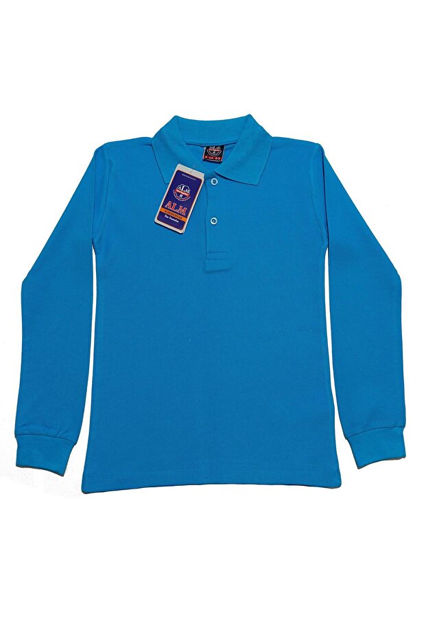 Turquoise Long Sleeve Solid Color Collared 6-17 Years Old Children's School Lakos Sweat Polo Neck Sweatshirt