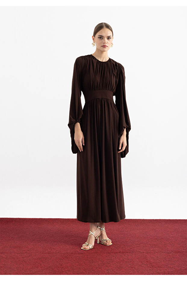 Brown Wide Balloon Sleeve Shirred Dress