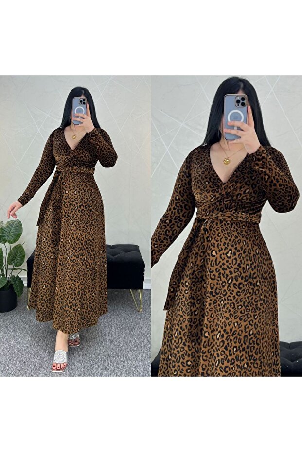 material elastic Rochie leopard cu decolteu în V - 1
