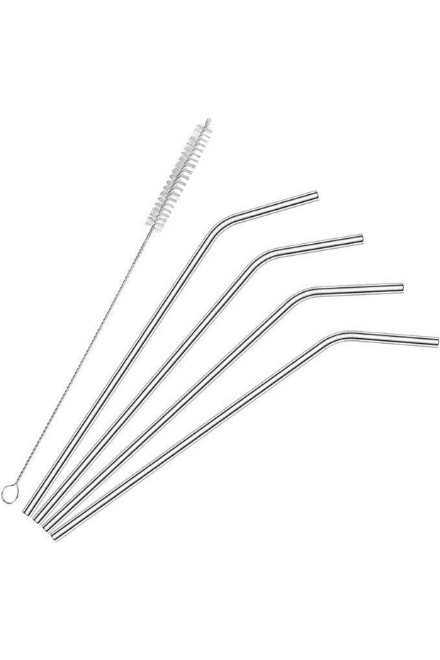 Stainless Steel Straw Set – 4 Pcs Bent Reusable Straws with Cleaning Brush