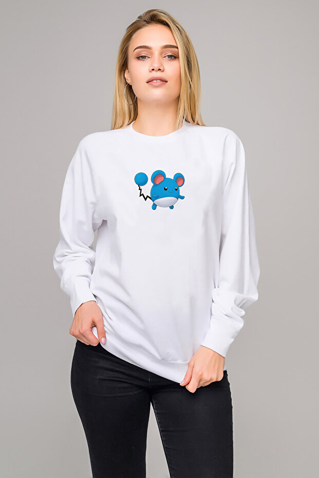 Blue and White Pokemon Illustration Marill Printed White Women's Knitted Sweatshirt Long Sleeve