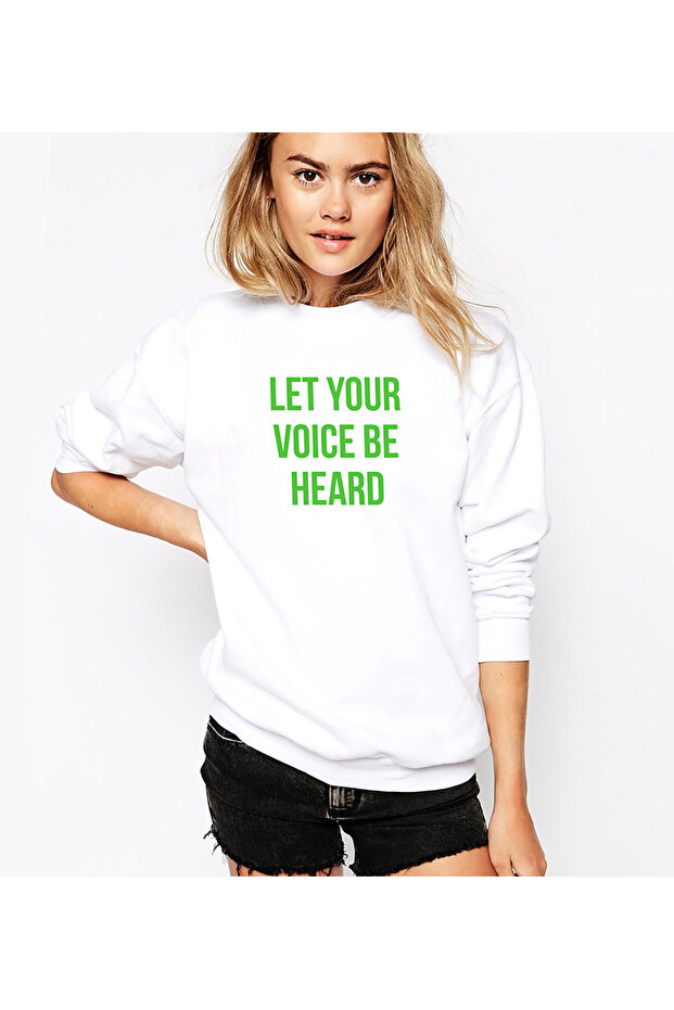 Let Your Voice Be Heard Printed White Women's Knitted Sweatshirt Long Sleeve