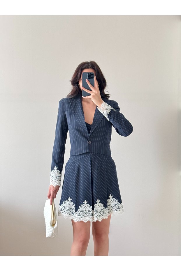 Women's Navy Blue Striped Lace Detailed Blazer Jacket Dress Suit