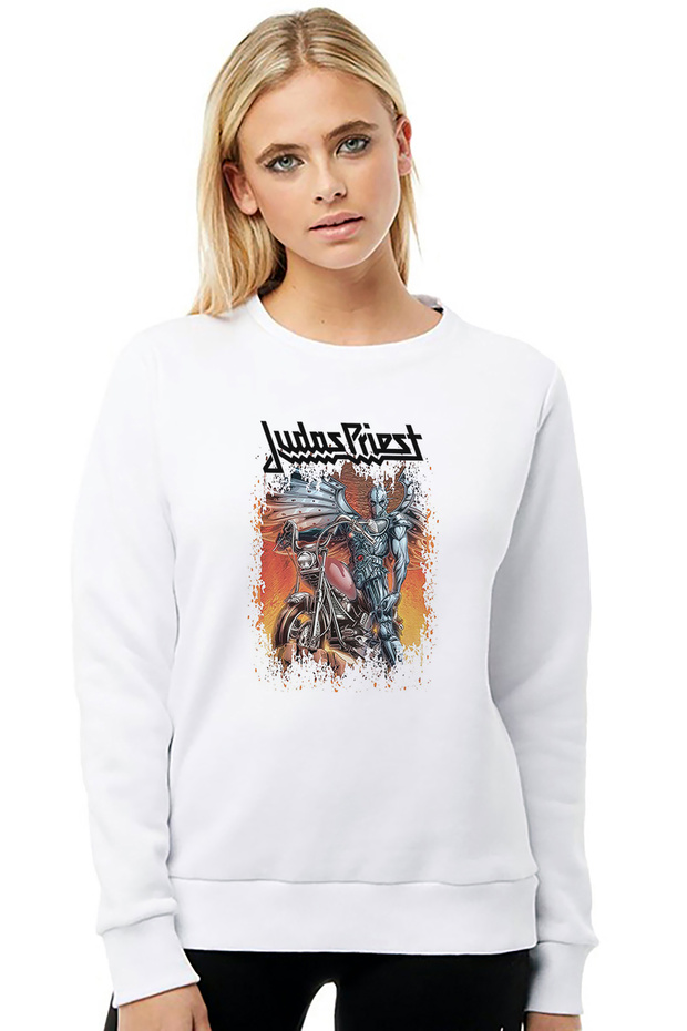 Judas Priest Printed White Women's Knitted Sweatshirt Long Sleeve