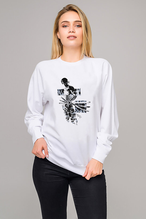 Anime One Piece Printed White Women's Knitted Sweatshirt Long Sleeve