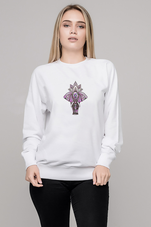 Zentangle Elephants Magenta Elephant Printed White Women's Knitted Sweatshirt Long Sleeve