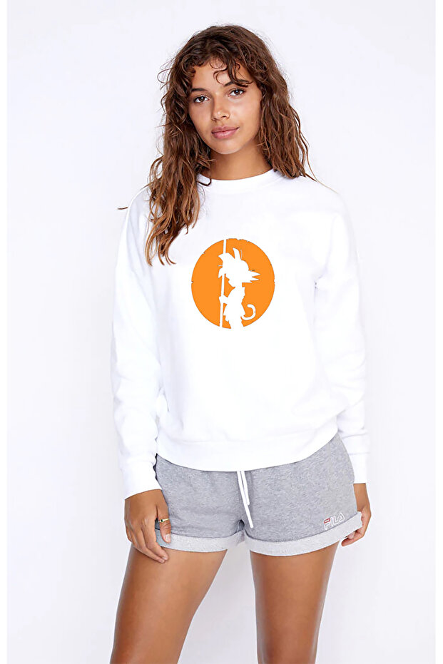 Dragon Ball Printed White Women's Knitted Sweatshirt Long Sleeve