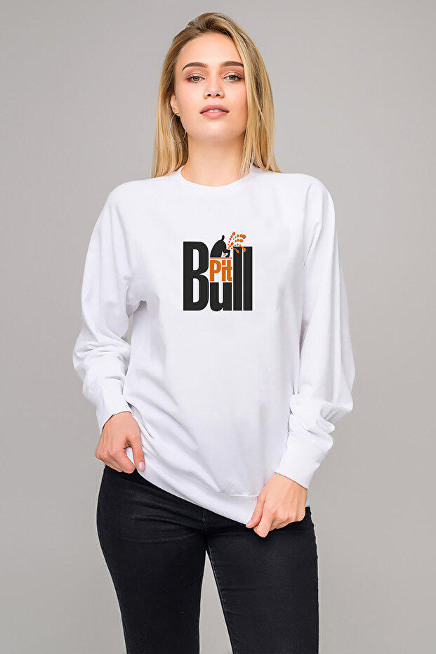 Pitbull Dog Printed White Women's Knitted Sweatshirt Long Sleeve