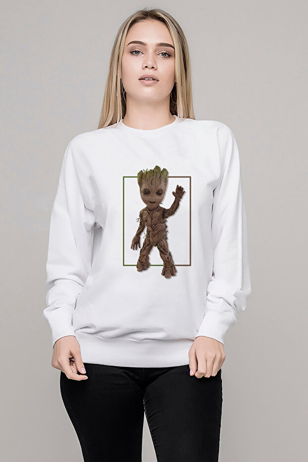 سترة Groot Skull مطبوع النسائية المحبوكة باللون الأبيض بأكمام طويلة
