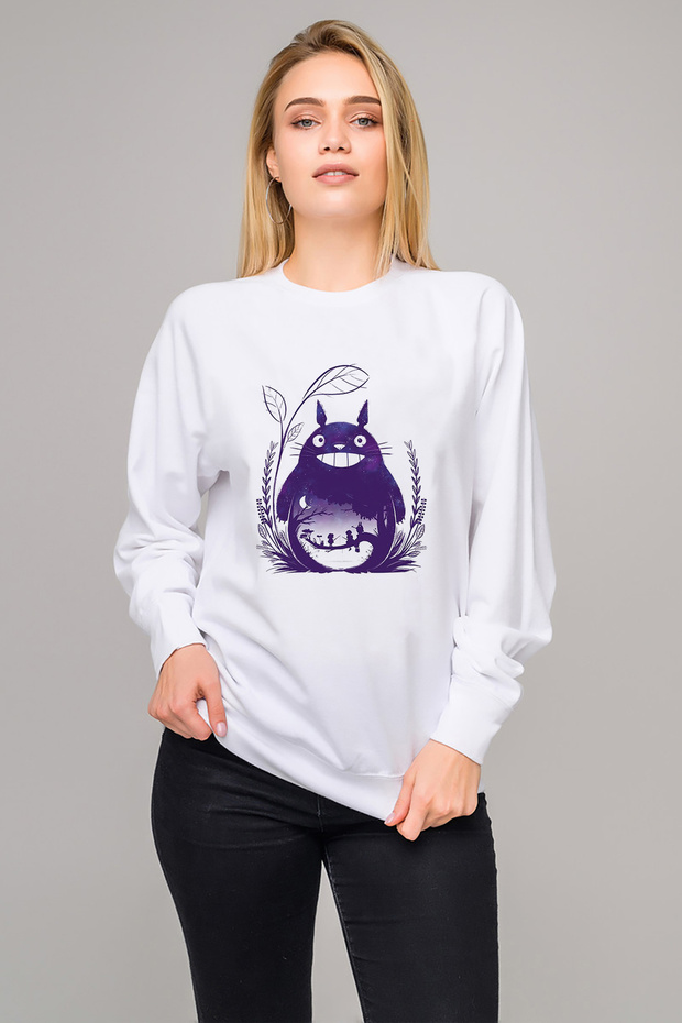 My Neighbor Komşum Totoro Printed White Women's Knitted Sweatshirt Long Sleeve