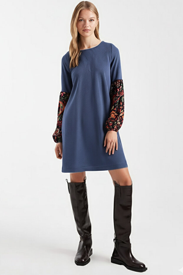 Women's Dark Blue Patterned Balloon Sleeve Dress Arm-26K001051