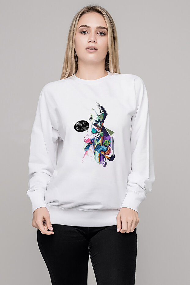 Joker Why so Serious Printed White Women's Knitted Sweatshirt Long Sleeve