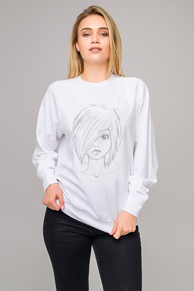 Anime Printed White Women's Knitted Sweatshirt Long Sleeve
