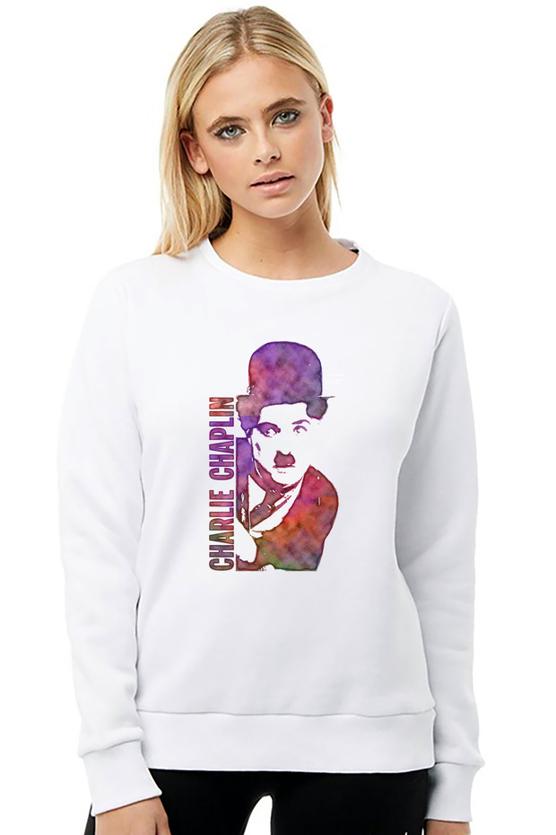 Charlie Chaplin Water Brush Printed White Women's Knitted Sweatshirt Long Sleeve