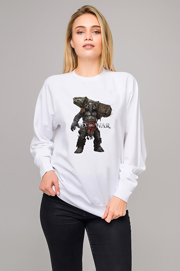 God of War Silhouette Printed White Women's Knitted Sweatshirt Long Sleeve