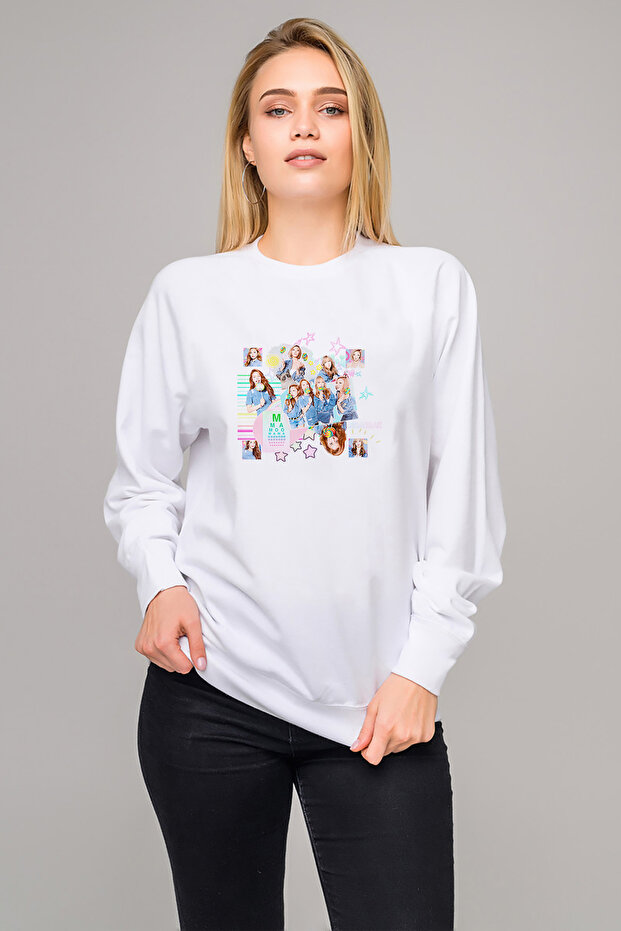 K Pop Mamoo Mama Homo Sapiens Printed White Women's Knitted Sweatshirt Long Sleeve