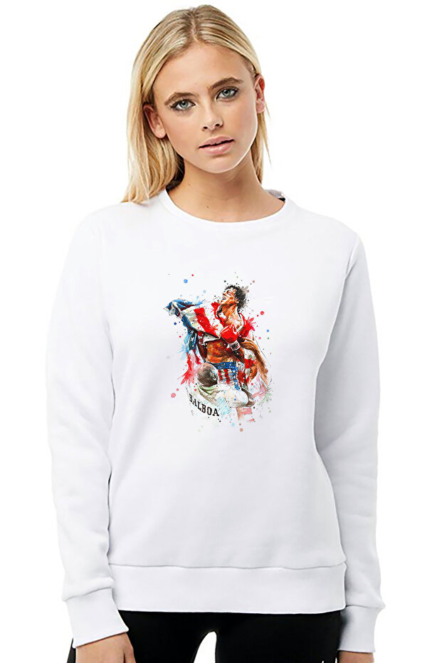 Rocky Balboa Printed White Women's Knitted Sweatshirt Long Sleeve
