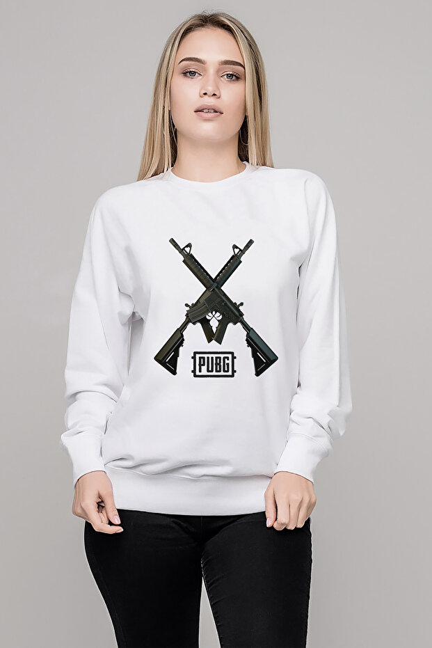Pubg M416 Gun Printed White Women's Knitted Sweatshirt Long Sleeve