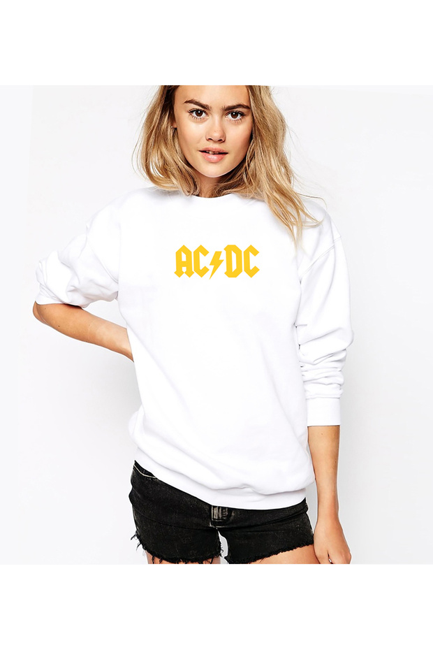 Acdc Logo Yellow Printed White Women's Knitted Sweatshirt Long Sleeve
