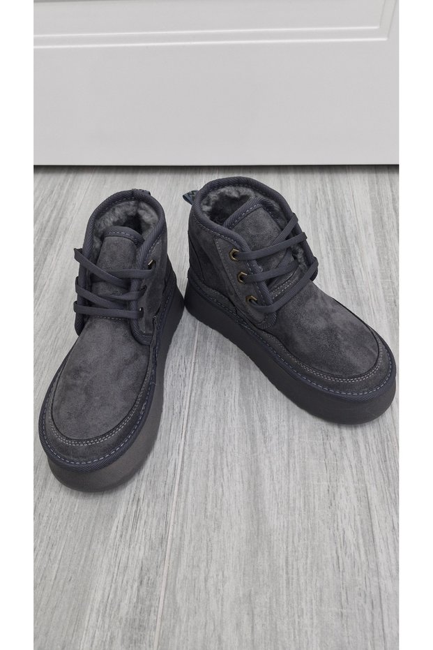 New Season Cotton Soft Suede Lace-Up Detailed Gray Casual Women's Platform Boots