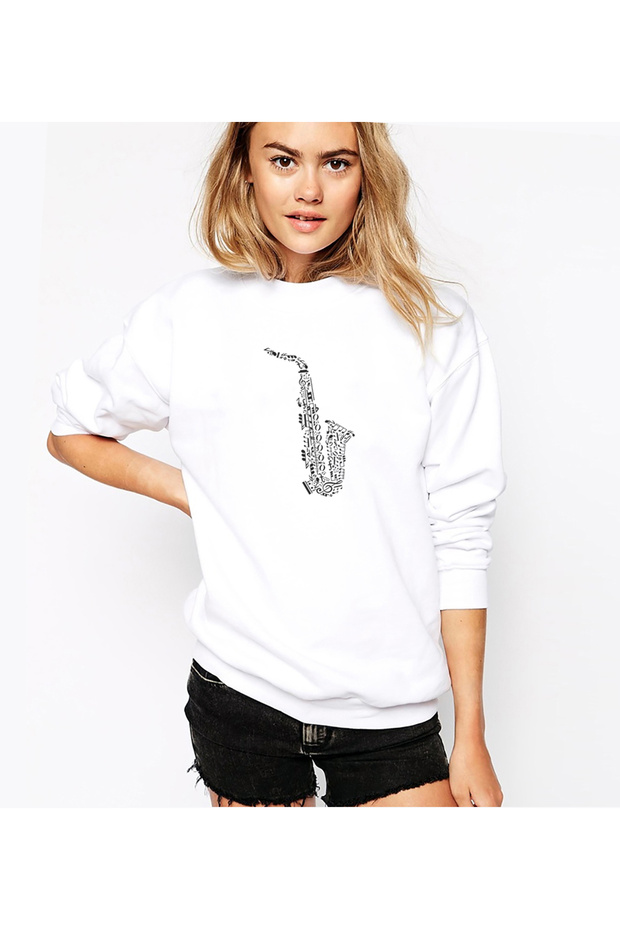Cobalt Afon Printed White Women's Knitted Sweatshirt Long Sleeve