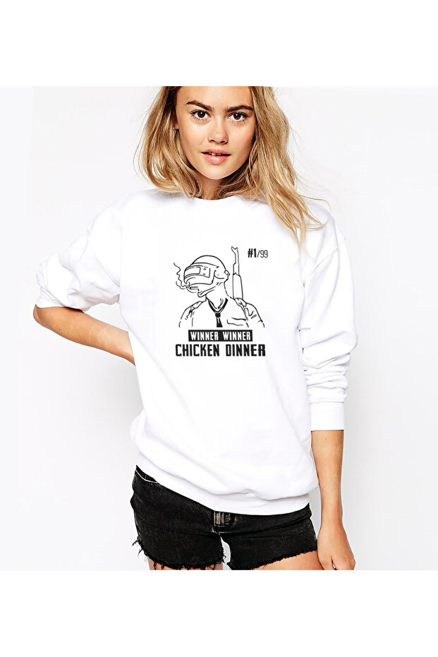 Pubg Winner Winner Smoke Printed White Women's Knitted Sweatshirt Long Sleeve