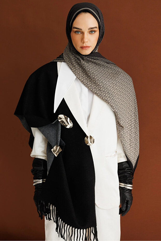 Siyah Monogram Hebei İpek Şal - 2