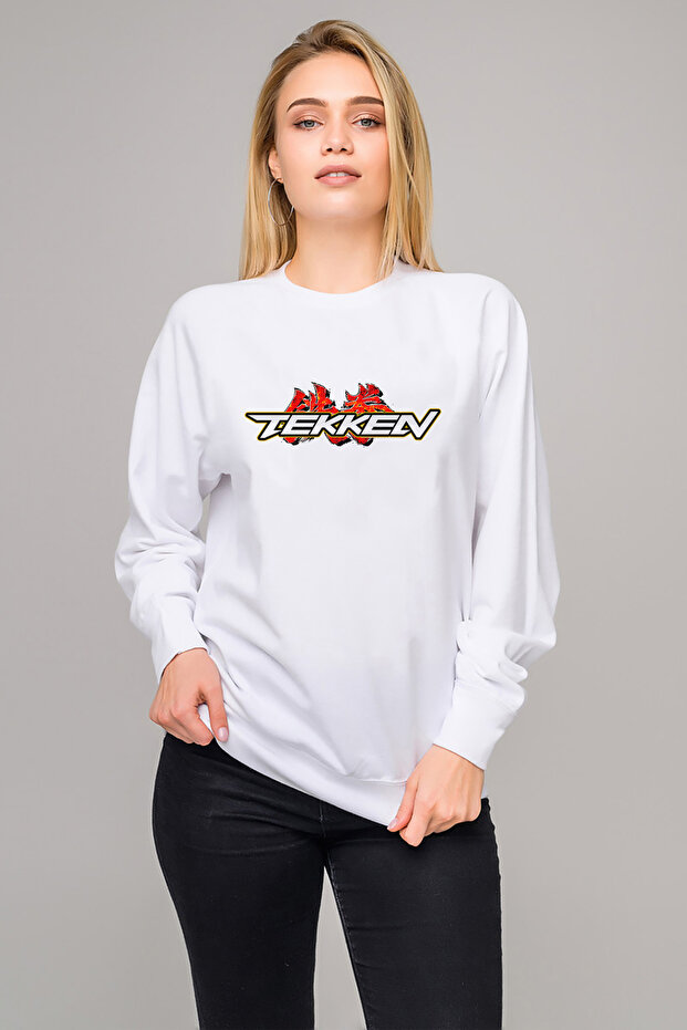 Tekken Logo Printed White Women's Knitted Sweatshirt Long Sleeve