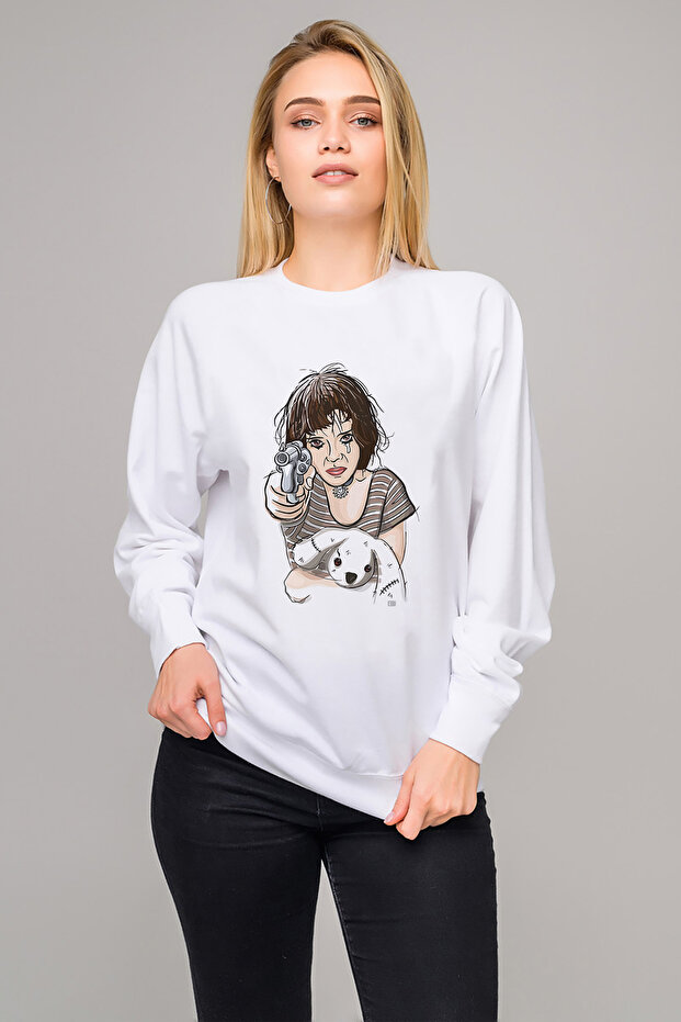 Leon & Mathilda the Professional Dog Printed White Women's Knitted Sweatshirt Long Sleeve