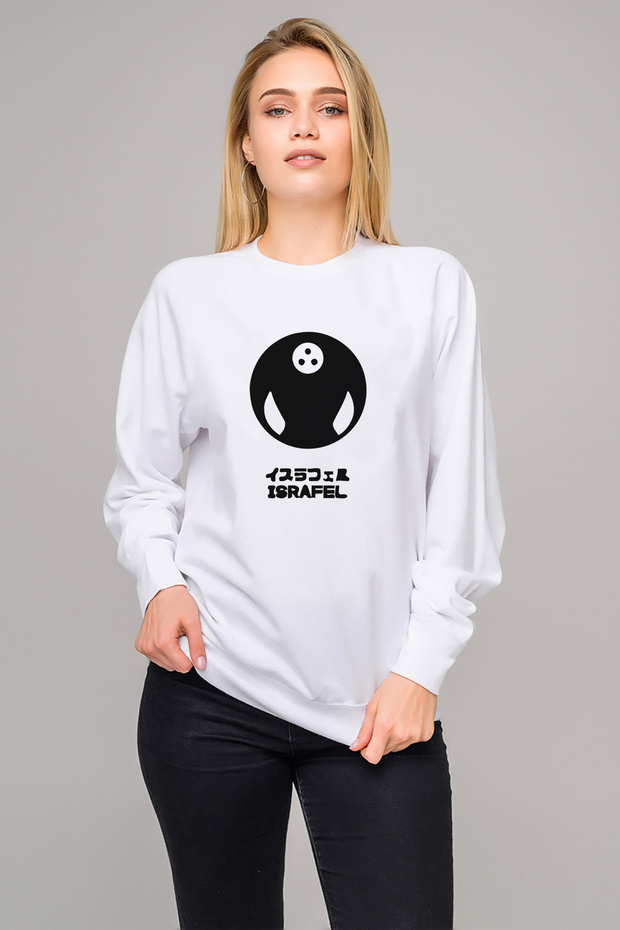 Evangelion Israfel Printed White Women's Knitted Sweatshirt Long Sleeve