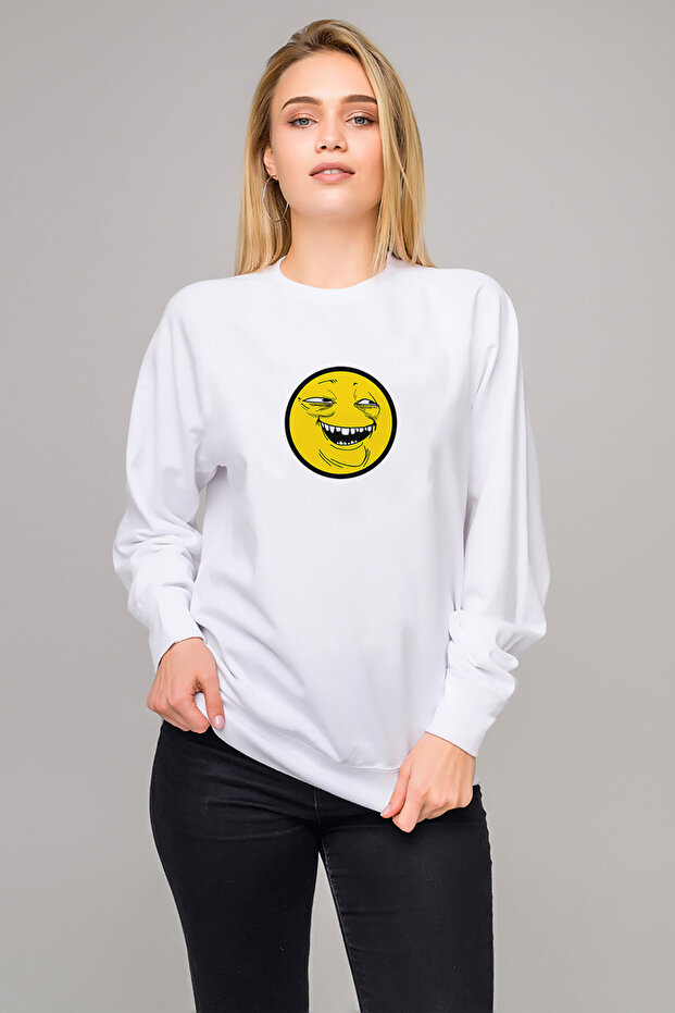 Smile Trollface Internet Troll Smile Face Printed White Women's Knitted Sweatshirt Long Sleeve