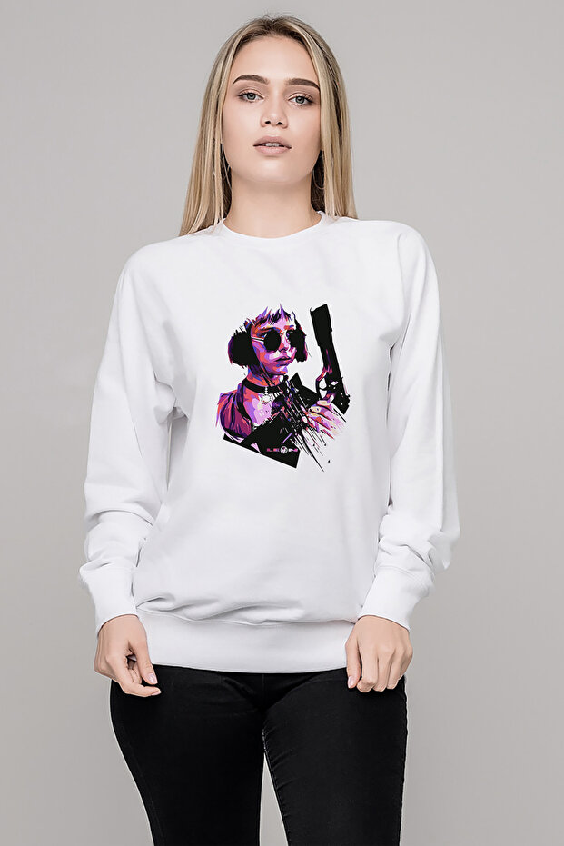 Leon the Professional Gun Mathilda Love's Printed White Women's Knitted Sweatshirt Long Sleeve