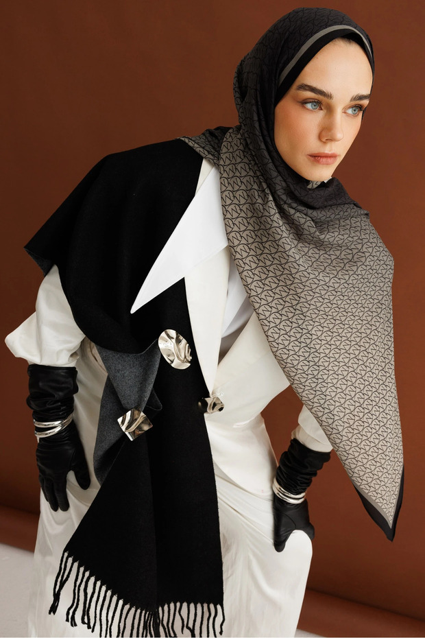 Siyah Monogram Hebei İpek Şal - 1