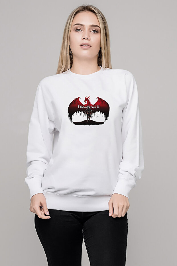 Attack on Titan Dragon Age Ii Printed White Women's Knitted Sweatshirt Long Sleeve