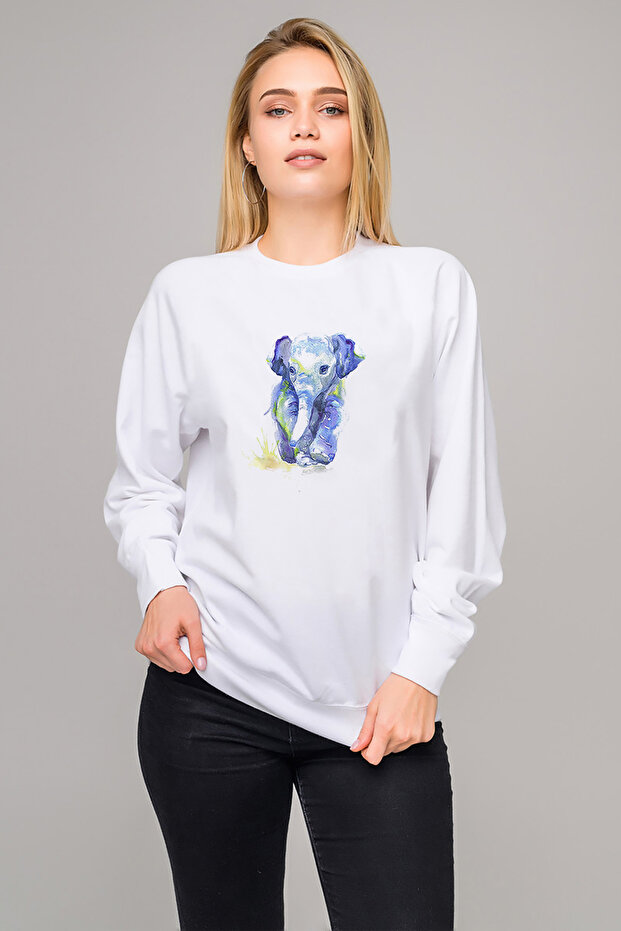Vip Com Elephant مطبوع سترة نسائية محبوكة باللون الأبيض بأكمام طويلة