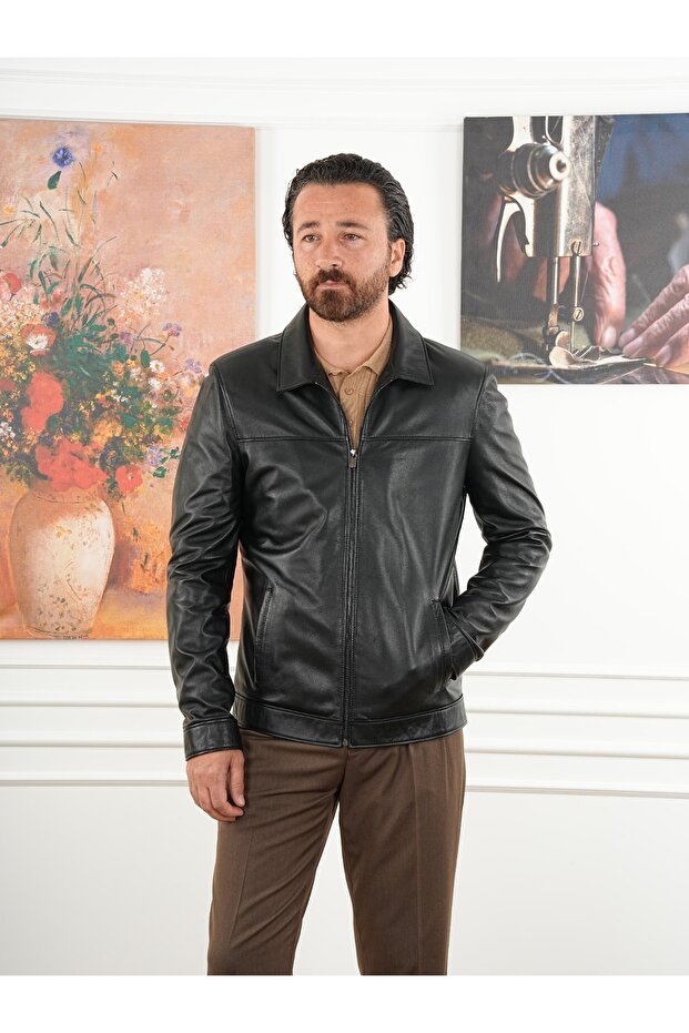 Men's Slim Fit Zippered Genuine Natural Leather Coat - Black