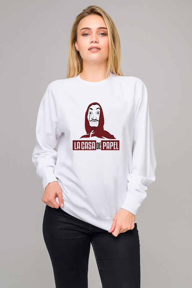 La Case De Papel Hodie Printed White Women's Knitted Sweatshirt Long Sleeve