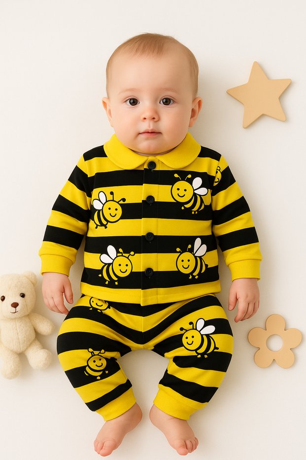 Girls Boys Unisex Baby Bee Pattern Pajamas Set Top and Bottom 2 Pieces Cotton