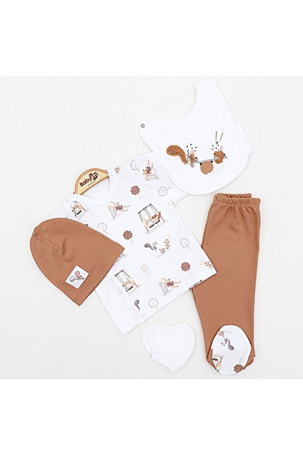 Baby Boy Brown Squirrel Patterned 5-Piece Bodysuit Set – 100% Cotton and Comfortable Design 2257-3-3 Months